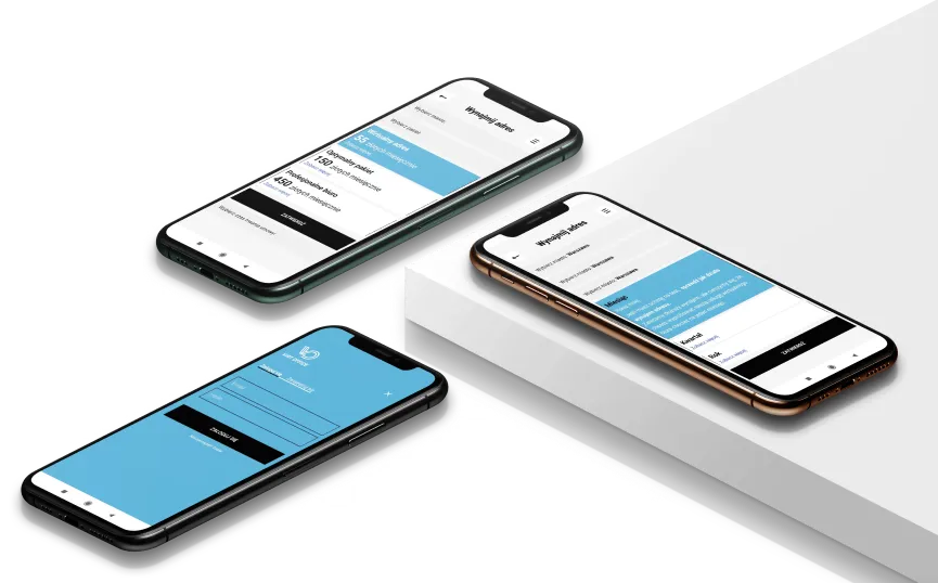 Three smartphones displaying a user interface design for a mobile application, with a focus on a clean and modern layout